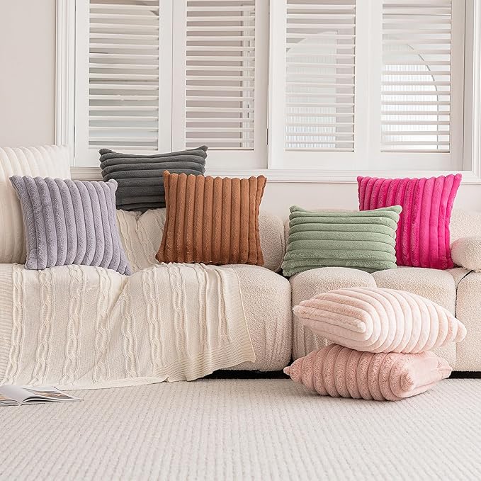 Double-Sided Faux Fur Plush Throw Pillow Covers 12x20 Set of 2 Fuzzy Striped Soft Cozy Pillowcase Luxury Decorative Pillows Christmas Lumbar Cushion Covers for Couch Sofa Bed,Sage Green