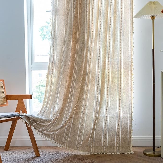 Sutuo Home Boho Curtains for Bedroom Living Room 102 Inches Length, Light Filtering French Country Farmhouse Vintage Chic Tassels Hollow Window Treatment Bohemian Drape, 1 Panel 52" W x 102" L Natural