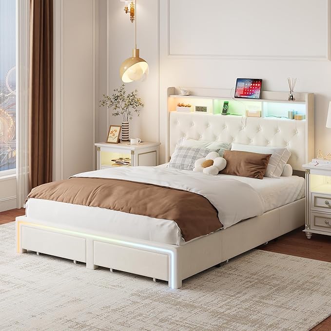 Queen LED Bed Frame with Storage Headboard & Charging Station, Velvet Fabric Platform Bed Frames with 4 Drawers, No Box Spring Needed, Button Tufted Upholstered, Beige