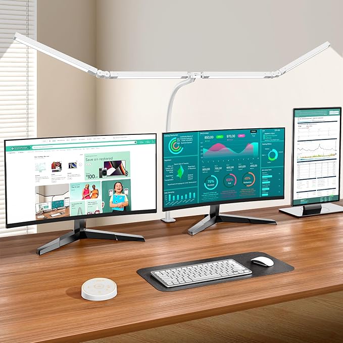 Led Desk Lamp with Clamp: Architect Desk Lamp for Home Office, Eye Caring Double Head Computer Monitor Work Desk Light with Remote Control - 24W Flexible Dimmable Desktop Table Lamp White