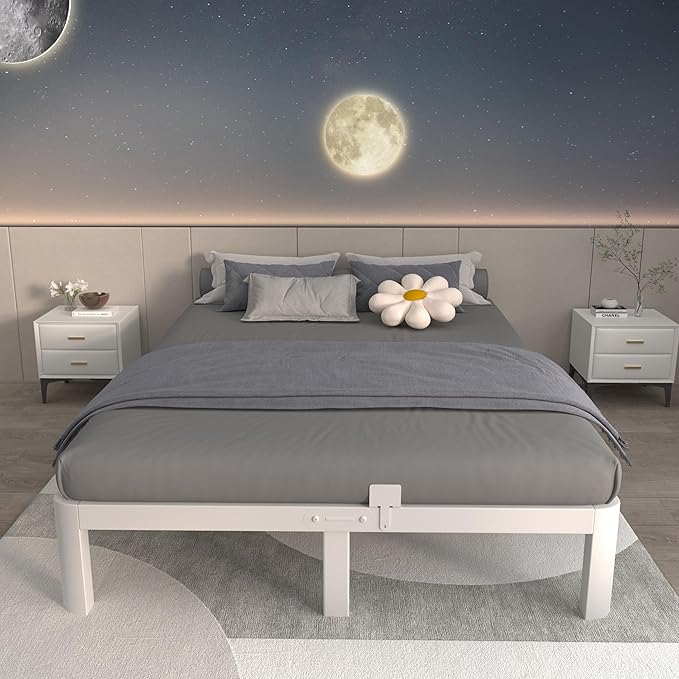 ITIMIDI 10 Inch White Bed Frame Queen, Queen Size Metal Platform Bed Frames with Metal Gaskets, Heavy Duty Steel Support 3000 LBS, No Box Spring Needed, Anti-Slip Mattress Stopper, Easy Assembly