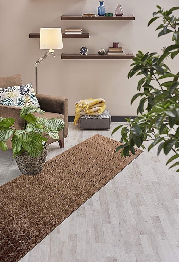 10 ft Long Brown Hallway Kitchen Runner Rug Non-Slip Washable, 26" X 10' Carpet Runner Rugs-Rubber Backed, Custom Size Floor Mat for Stairs Bedroom Bathroom Entryway, Your Choice of Length
