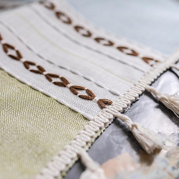 Sutuo Home Boho Curtains 63 inches for Bedroom Living Room, Semi Blackout Linen Farmhouse Tassels Window Treatment Bohemian Embroidery Drape, Rod Pocket 1 Panel 52" W x 63" L, Green Blue Striped Linen