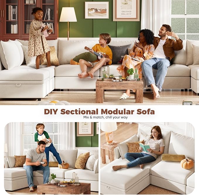 ABCASA 102.6" Modular Sectional Sofa, L Shaped Couch Set for Living Room, 3-Seater Comfy Cloud Couches with Movable Storage Ottoman,DIY Combination - Chenille White