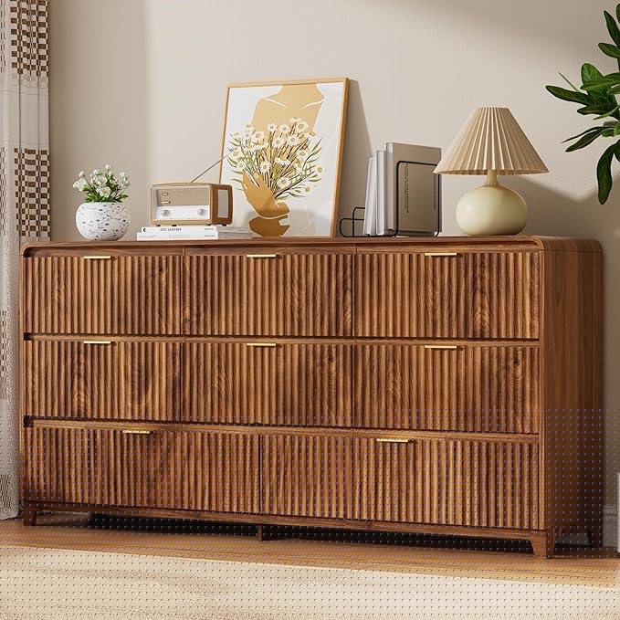 3 Pcs Bedroom Furniture Set, 8 Drawer Fluted Dresser and Nightstand Set of 2 with Charging Station, Modern Bed Side Table Chest of Drawers Storage Cabinet Set for Bedroom, Living Room, Walnut