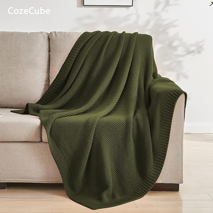 CozeCube Olive Green Throw Blanket for Couch, Soft Cozy Cable Knit Throw for Bed Sofa Living Room, Lightweight Warm Decorative Farmhouse Christmas Blanket, 60"x80", Olive Green