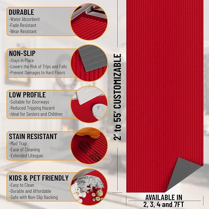 Ottomanson 6'6" x 10' Mud Mat Area Rug Scraper Carpet - Non-Slip, Dirt Trapping for Indoor & Outdoor Use - Ideal for Entryway, Garage, Kitchen, Patio & High-Traffic Areas, Red