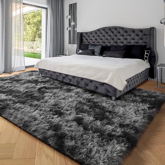 PAGISOFE Area Rugs 9x12 Living Room, Machine Washable Dark Grey Shag Rugs for Bedroom, Extra Large Thick Gray Fluffy Nursery Carpet Boys Girls Dorm Pastel Rugs for Kids Room Home Decor Aesthetic