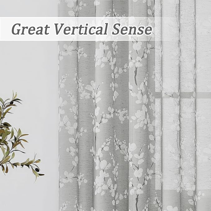 FMFUNCTEX Linen Sheer Curtains for Bedroom, Grey White Blossom Print Curtains 63 Inch Length for Living Room, Floral Patterned Farmhouse Curtain Light Filtering Window Drapes 2 Panels, Rod Pocket