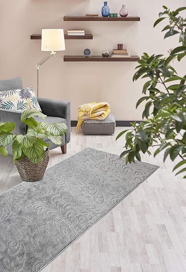 Custom Length Hallway Runner Rug,Slip Resistant,Floral Grey, 26 Inch X 7 feet, Sold and Priced Per Foot
