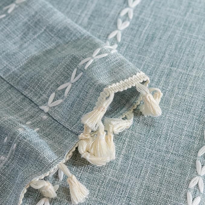 Sutuo Home Boho Linen Curtains Valance for Windows Tiers, Bohemian Short Curtains Light Filtering Country Vintage Tassels Window Treatment Long Stripes, Rod Pocket 1 Panel 52" W x 18" L, Greyish Blue