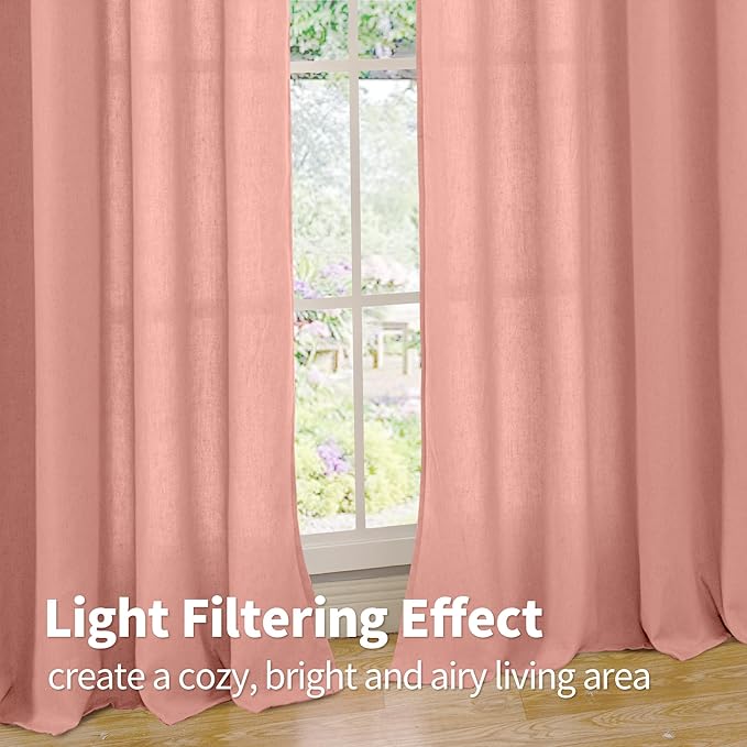 YoungsTex Dusty Rose Pink Linen Curtains for Living Room 84 Inch Length 2 Panels, Blush Peach Semi Sheer Drapes with Grommet Light Filtering Window Treatments for Bedroom, 52 X 84 Inch