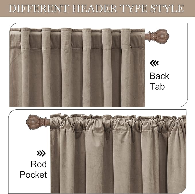 RYB Home Bedroom Curtains Heavy Velvet, Room Darkening Privacy Window Curtains, Soft Durable Velvet Backdrops for Sliding Door Living Room, Taupe, W52 x L96 inches, 2 Panels Set