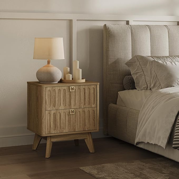 SICOTAS Modern Fluted Nightstand with 2 Drawers, 21" Wide Wood Bedside Table with Gold Handle, Mid-Century End Table for Bedroom, Apartment