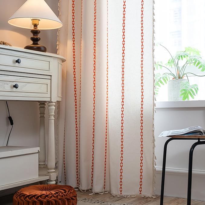 Sutuo Home Boho Curtains 72 inches for Bedroom Living Room, Semi Blackout Embroidery Window Bohemian Tassels Drape for Halloween Festival Decor, Rod Pocket 1 Panel 52" W x 72" L, White and Orange