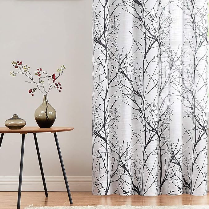 FMFUNCTEX Linen Semi Sheer Curtains for Bedroom, Black White Curtains 45 Inches Long for Living Room, Grey Tree Branch Patterned Curtain Light Filtering Kitchen Window Drapes, Grommet Top 2 Panels