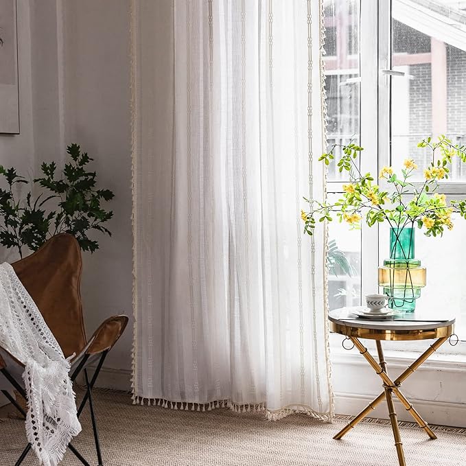 Sutuo Home White Boho Curtains 63 Inches Long for Kitchen Nursery, Light Filtering Shabby Chic Tassels Farmhouse Ivory Window Treatment Hollow Stripes Bohemian Embroidery Drape 1 Panel 52" W x 63" L