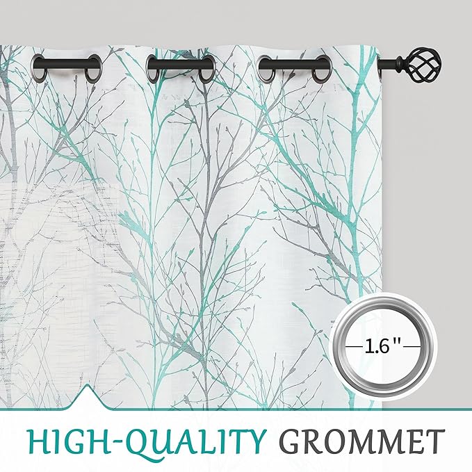 FMFUNCTEX Linen Semi Sheer Curtains for Bedroom, Auqa Blue White Curtains 84 Inches Long for Living Room, Grey Tree Branch Patterned Curtain Light Filtering Window Drapes, Grommet Top 2 Panels