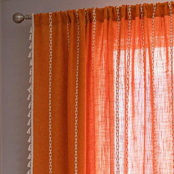 Sutuo Home Orange Boho Curtains for Bedroom Living Room, Semi Blackout Linen Farmhouse Tassels Window Treatment Bohemian Embroidery Drape for Fall Autumn Decor, Rod Pocket 1 Panel 52" W x 72" L