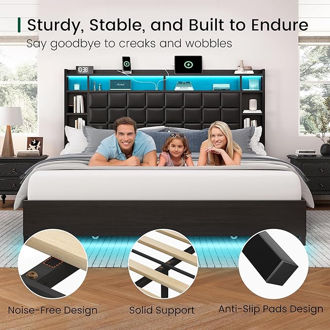 LARMACE King Size Bed Frame with 4 Storage Drawers and Bookcase Headboard, Faux Leather Upholstered, Wooden Platform Bed Frame with Charging Station and LED Lights, No Box Spring Needed, Black
