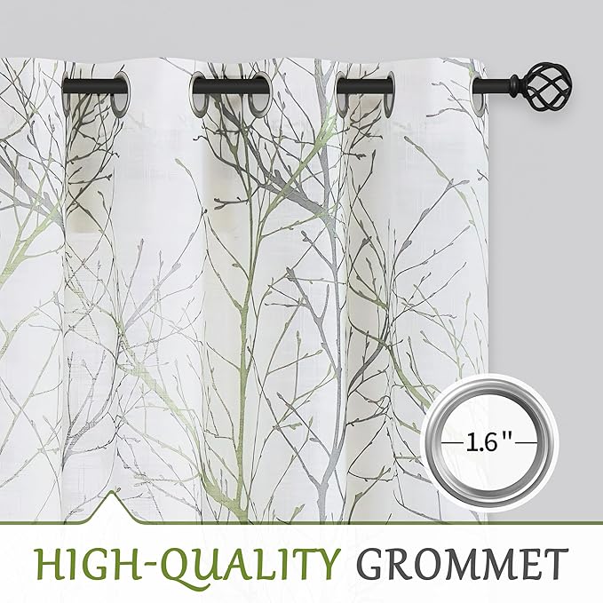 FMFUNCTEX Green White Sliding Glass Door Curtain 84 Inches Long Grey Branch Print Patio Door Panel Tree Semi Sheer Curtains Linen Window Drapes 100 inch Wide Room Divider Curtains 1 Panel Grommet Top