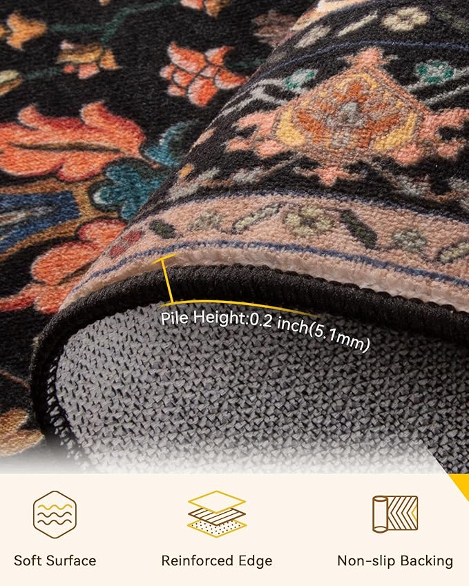 Area Rugs 10'x12' Washable Non-Slip, Floral Vintage Distress Print Pattern Medallion Carpet for Living Room Bedroom Dining Room, Black Colorful Floral Dark Tan