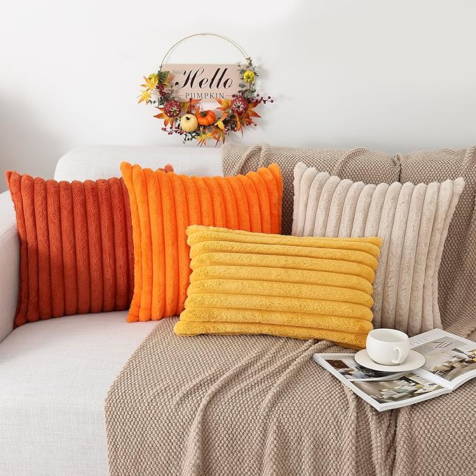 Pallene Faux Fur Plush Fall Throw Pillow Covers 24x24 Set of 2, Luxury Soft Fluffy Striped Decorative Pillow Covers for Sofa, Couch, Living Room, Burnt Orange