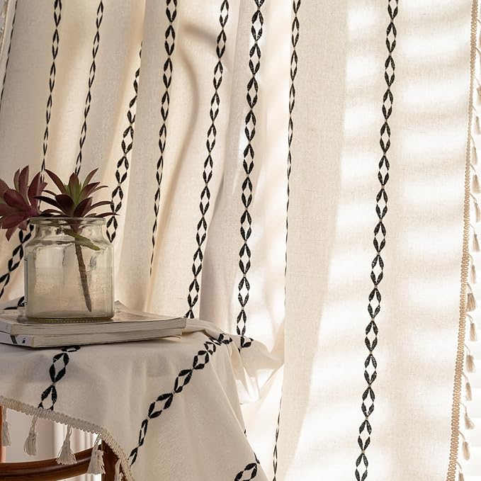 Sutuo Home Boho Curtains 96 Inches Long, Bohemian Drape for Bedroom Living Room, Privacy Country Rustic Semi Blackout Farmhouse for Halloween Decor Rod Pocket, 1 Panel W52 x L96 White and Black