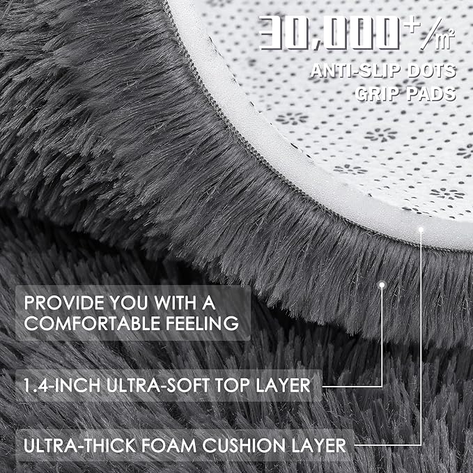 OLANLY Grey Round Rugs for Bedroom - Machine Washable, 7 ft Circle Area Rugs for Living Room, Soft and Fluffy Shaggy Carpet for Teen Girls and Boys, Nursery Rooms, Dorms, Home Decor Aesthetic