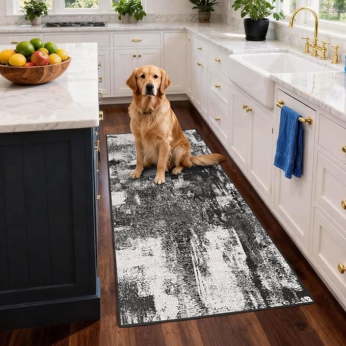 3x12 Long Hallway Runner Rug: Kitchen Rugs Non Slip Washable Low Pile Abstract Rug Runner with Rubber Backing Indoor Stain Resistant Carpet Runners for Bedroom Dining Living Room Black White