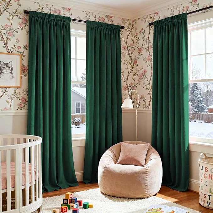 Lazzzy Velvet Blackout Curtains Thermal Insulated Room Window Drapes Super Soft Luxury Curtains for Living Room Bedroom Rod Pocket 2 Panels, Emerald Green, 52" W x 108" L
