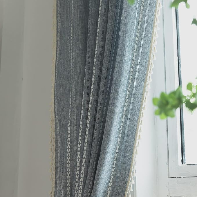 Sutuo Home Blue Boho Curtains 102 inches Long for Bedroom Living Room Dining Room, Semi Blackout Linen Farmhouse Tassels Window Treatment Bohemian Embroidery Drape, Rod Pocket 1 Panel 52" W x 102" L