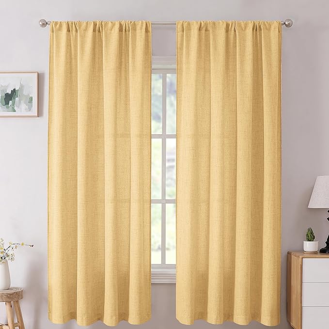 Tollpiz Short Linen Curtains Living Room Rod Pocket Semi Sheer Curtain Burlap Light Filtering Thick Linen Drapes for Bedroom, 54 x 54 inches Long, Beige, Set of 2 Panels