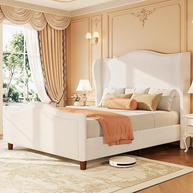 koorlian King Size Bed Frame Chenille Fully Upholstered Bed with Headboard and Footboard, 51" High Tufted Wingback Sleigh Upholstered Platform Bed, Modern Retro Minimalist Style, Easy Assembly, Cream