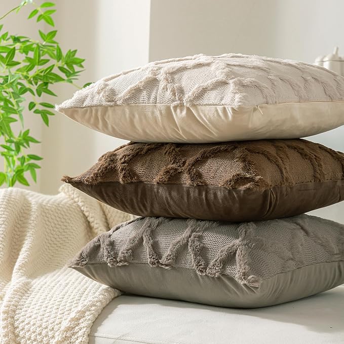 Set of 2 Soft Moroccan Throw Pillow Covers 24x24 Inch Plush Boho Decorative Pillow Cover Accent Cushion Case for Couch Sofa Bed, Beige