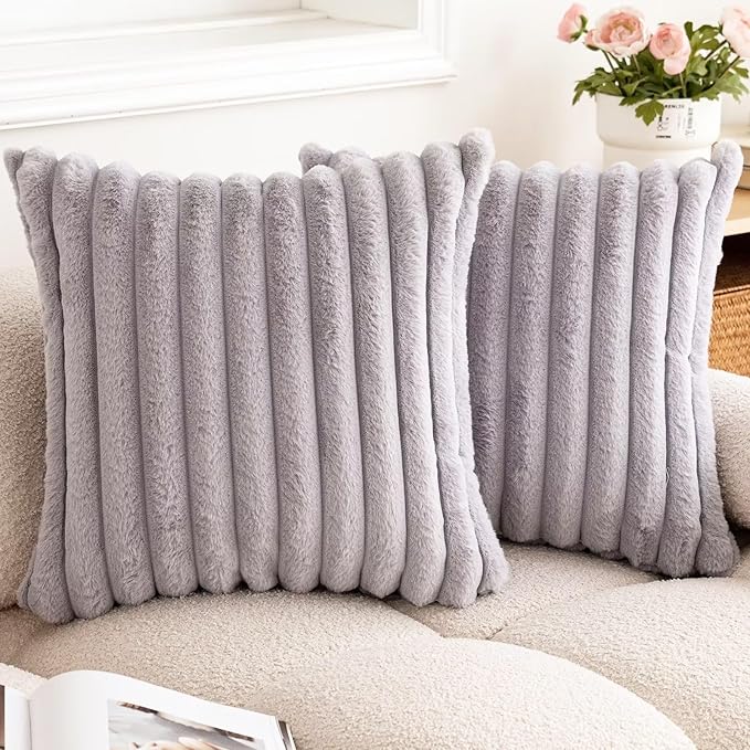 Double-Sided Faux Fur Plush Throw Pillow Covers 16x16 Set of 2 Fuzzy Striped Soft Cozy Pillowcase Luxury Decorative Pillows Square Shaggy Cushion Covers for Couch Sofa Bed,Light Grey