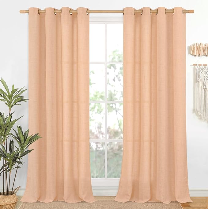 YoungsTex Peach Linen Curtains 95 Inch Length for Living Room, Coral Semi Sheer Drapes Extre Long Light Filtering with Bronze Grommet for Bedroom Dining, 52 x 95 Inch, 2 Panels