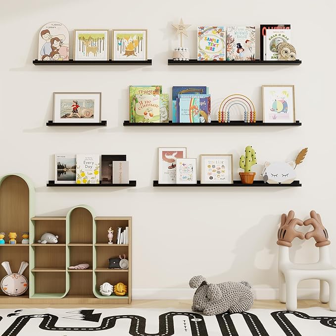 Picture Ledge Shelf, Floating Shelves Set of 2, 36 Inches Solid Wood Nursery Book Shelves for Toys Storage, Kids Bookshelf Wall Mounted for Living Room Bedroom Decor Books Photo Frames, Black