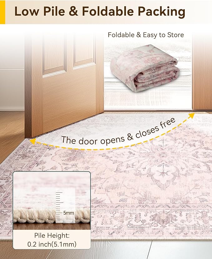 Area Rugs 2'x5' Washable Non-Slip, Floral Vintage Distress Print Pattern Medallion Carpet for Living Room Bedroom Dining Room, Pink Greypink Cute