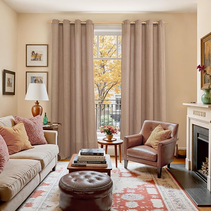 YoungsTex Mocha Brown Linen Curtains 72 Inch Length for Living Room, Light Filtering Drapes with Grommet Semi Sheer Rustic for Bedroom Windows, 2 Panels, 52 X 72 Inch