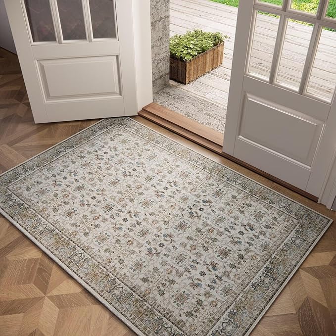 Washable 2x3 Entryway Rug, Boho Non-Slip Door Mat Vintage Distress Small Rugs for Kitchen Nursery Office Bedroom, 0.3" Neutral Oriental Throw Carpet with Cushioning Pad, Cream/Blue/Orange/Multi