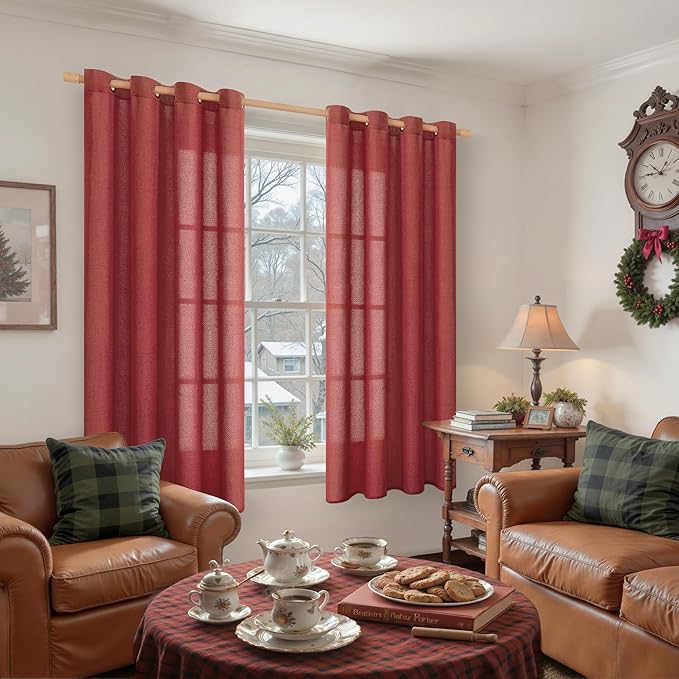 YoungsTex Red Linen Curtains 68 Inch Length for Living Room, Light Filtering Window Drapes with Bronze Grommet Privacy Deorative for Bedroom, 52 x 68 Inch, 2 Panels