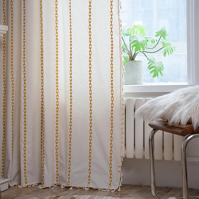 Sutuo Home Boho Curtains for Bedroom Living Room 108 inches Long,Semi Blackout Farmhouse Tassels Vintage Bohemian Embroidery Drape, Rod Pocket 1 Panel 52" W x 108" L, White and Gold