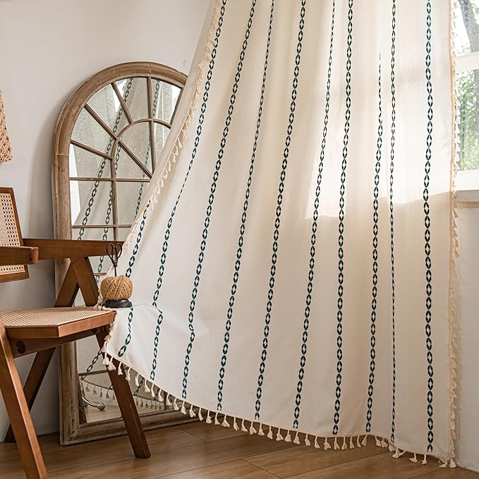 Sutuo Home Boho Farmhouse Curtains 72 Inches Long for Living Room Bedroom Bohemian House Drapes Country Style, Textured Stripe Embroidery Privacy, White and Hunter Green 1 Panel W52 x L72