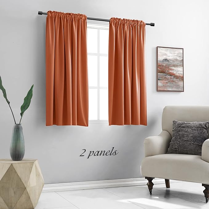 DONREN Burnt Orange Blackout Curtain Drapes for Bedroom - 48 Inch Length Small Window Treatment Rod Pocket Curtain Drapes (Set of 2 Panels,52 W x 48 L)