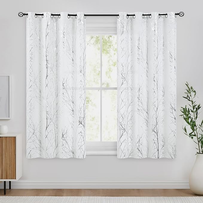 FMFUNCTEX Linen Semi Sheer Curtains for Living Room & Bedroom, Silver Metallic Print White Tree Panel, Light Filtering, 54 Inch Grommet Top 2 Panels