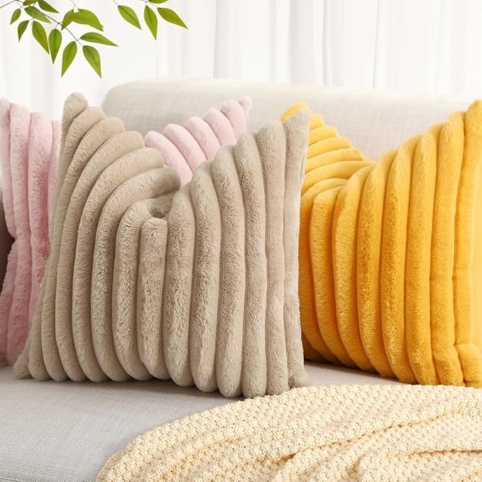 decorUhome Faux Fur Spring Throw Pillow Covers 20x20 Set of 2, Decorative Soft Plush Striped Neutral Couch Pillow Covers with Velvet Back for Sofa, Bed, Living Room Home, Pink