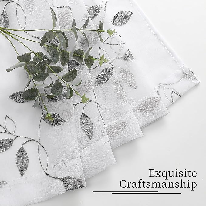 Tollpiz Grey Leaf Sheer Curtains Leaves Embroidered Living Room Short Curtain Rod Pocket Voile Window Treatments for Bedroom, 54 x 45 inches Long, Set of 2 Panels
