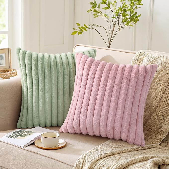 Pallene Faux Fur Plush Throw Pillow Covers 26x26 Set of 2, Luxury Soft Fluffy Striped Decorative Pillow Covers for Sofa, Couch, Living Room, Sage Green