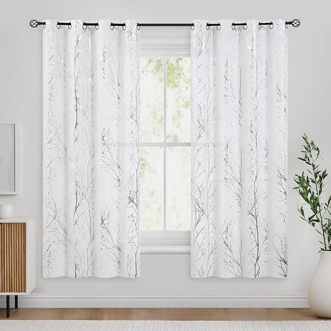 FMFUNCTEX Linen Semi Sheer Curtains for Living Room & Bedroom, Silver Metallic Print White Tree Panel, Light Filtering, 63 Inches Long, 2 Panels